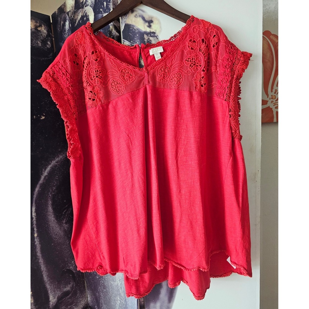 LOGO Lavish Lori Goldstein Red Crochet Lace‎ Trim Cotton Slub Top 3X Plus Size